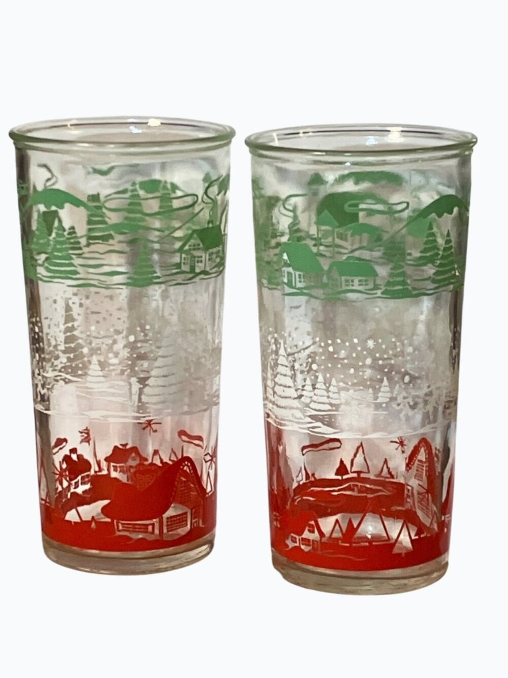 Holiday-Themed Glass Tumblers With Red Green Winter Village Design Set Of Two